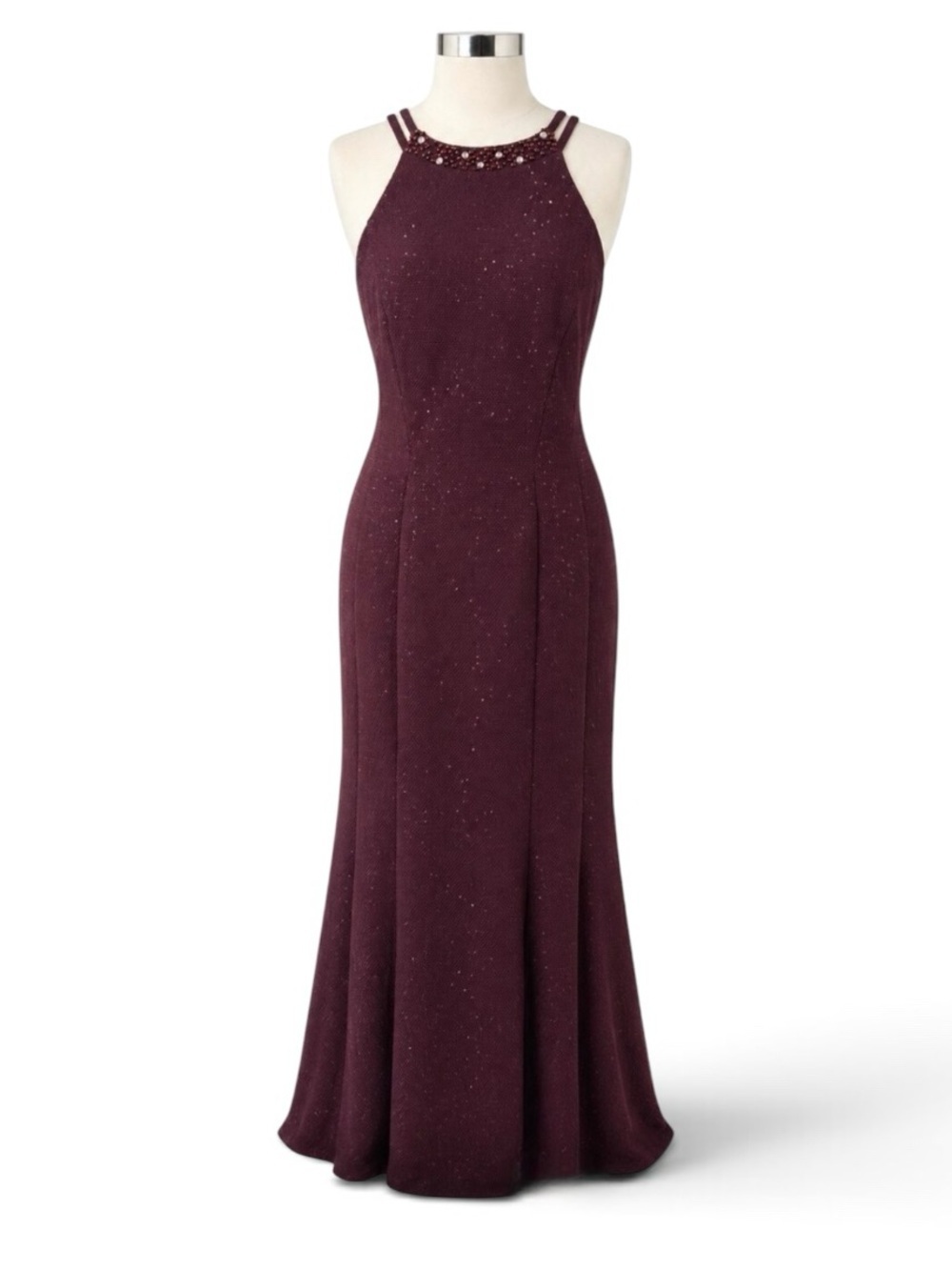 Nightway Beaded Halter Sparkle Mermaid Gown Plum Burgundy Wine Size 14 NWT